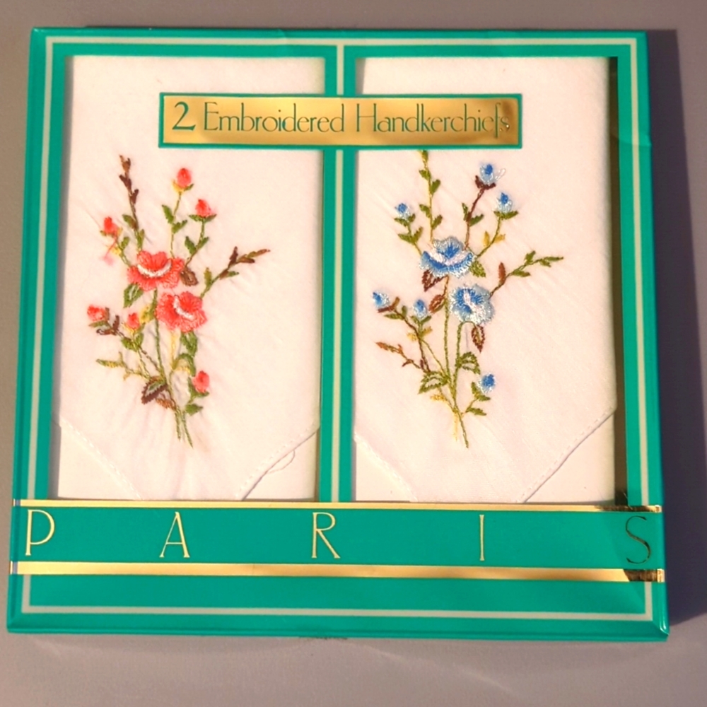 Paris 2 Embroidered Floral Handkerchiefs Vintage Pink Blue White - Picture 1 of 4